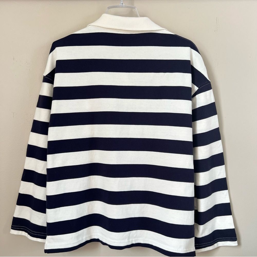 Zara Navy White Striped Long-Sleeve Cotton Rugby Preppy Polo Shirt Top SZ L - Picture 3 of 11